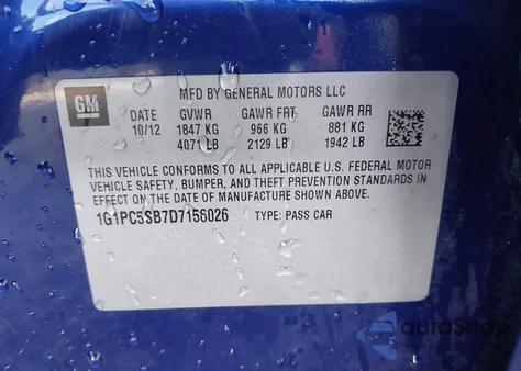 2013 Chevrolet Cruze 1Lt Auto из США, поврежденный, VIN 1G1PC5SB7D7156026